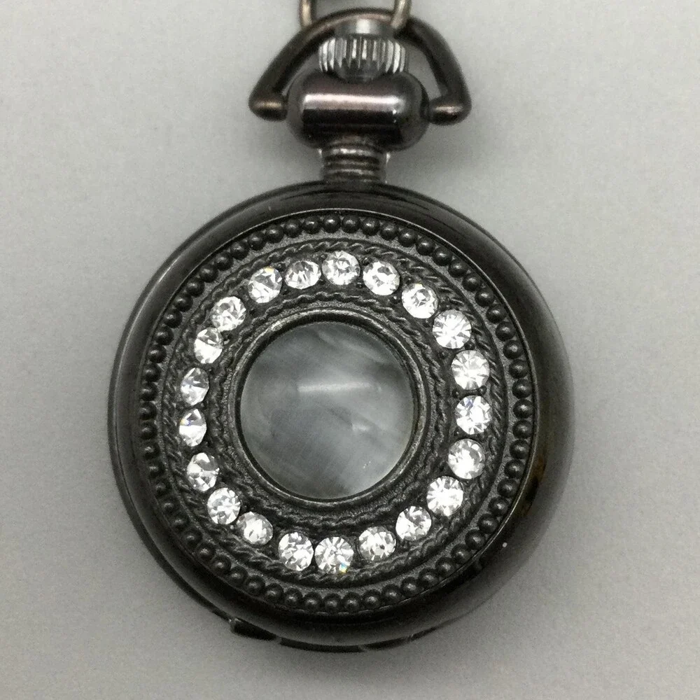 Rhinestone Pocket Watch Pendant Necklace Women 29mm Silver Tone New Battery